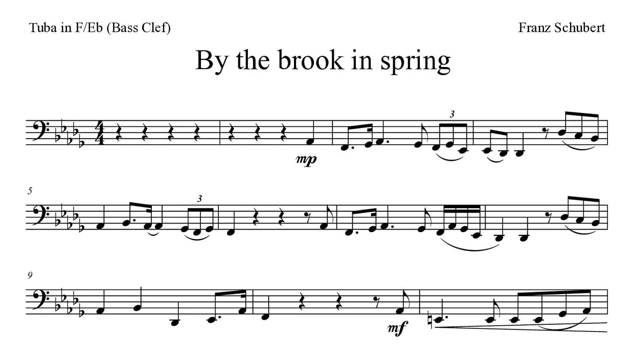 Bladmuziek van By the brook in spring voor tuba in F/Eb (bass clef), eerste regels