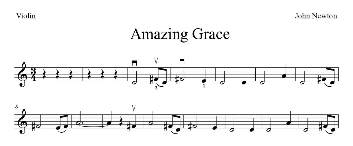 Sheet music of Amazing Grace for violin (Medium), first lines