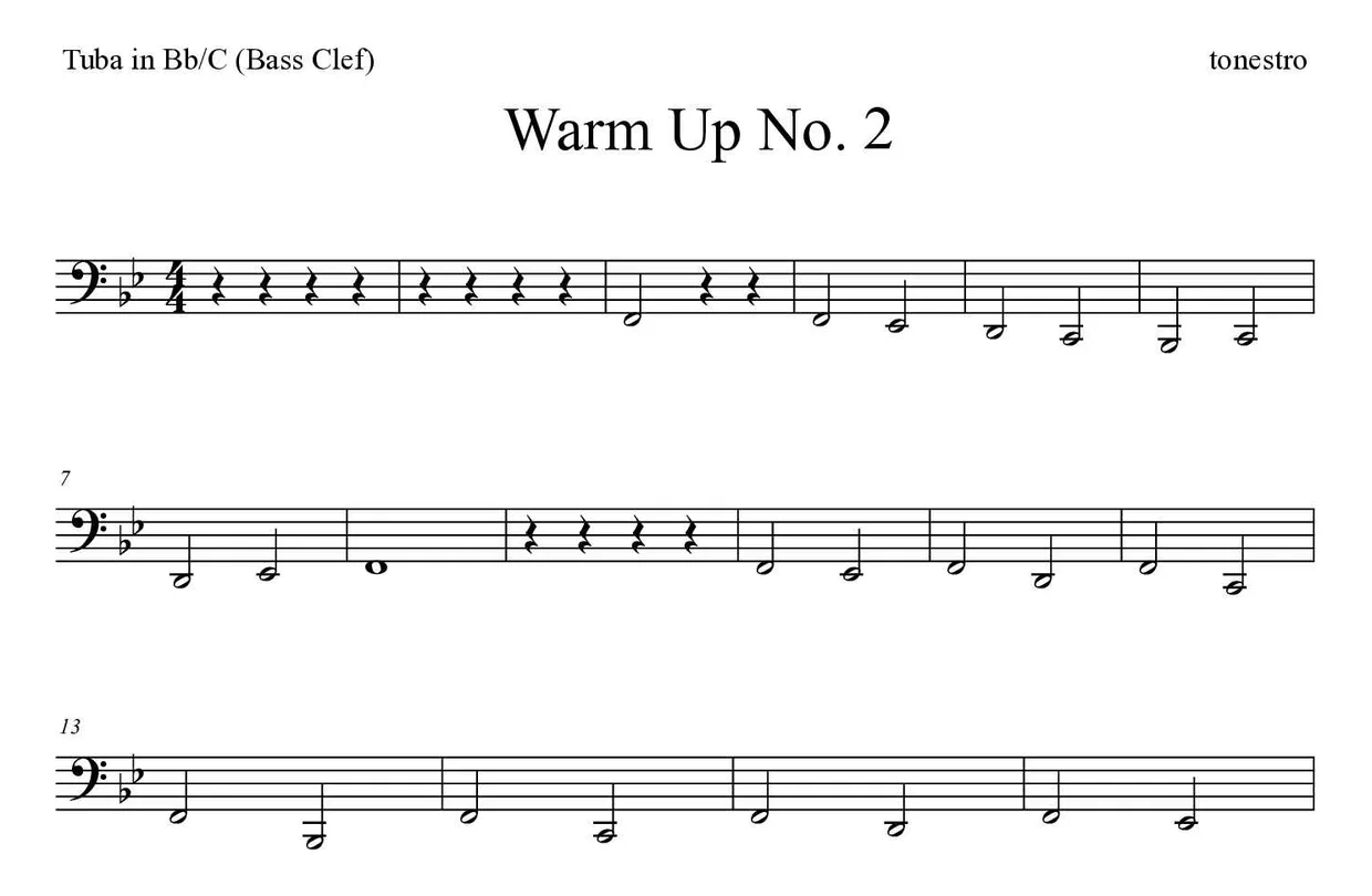 「Warm Up No. 2」Tuba in Bb/C (Bass Clef)用楽譜の最初の数段