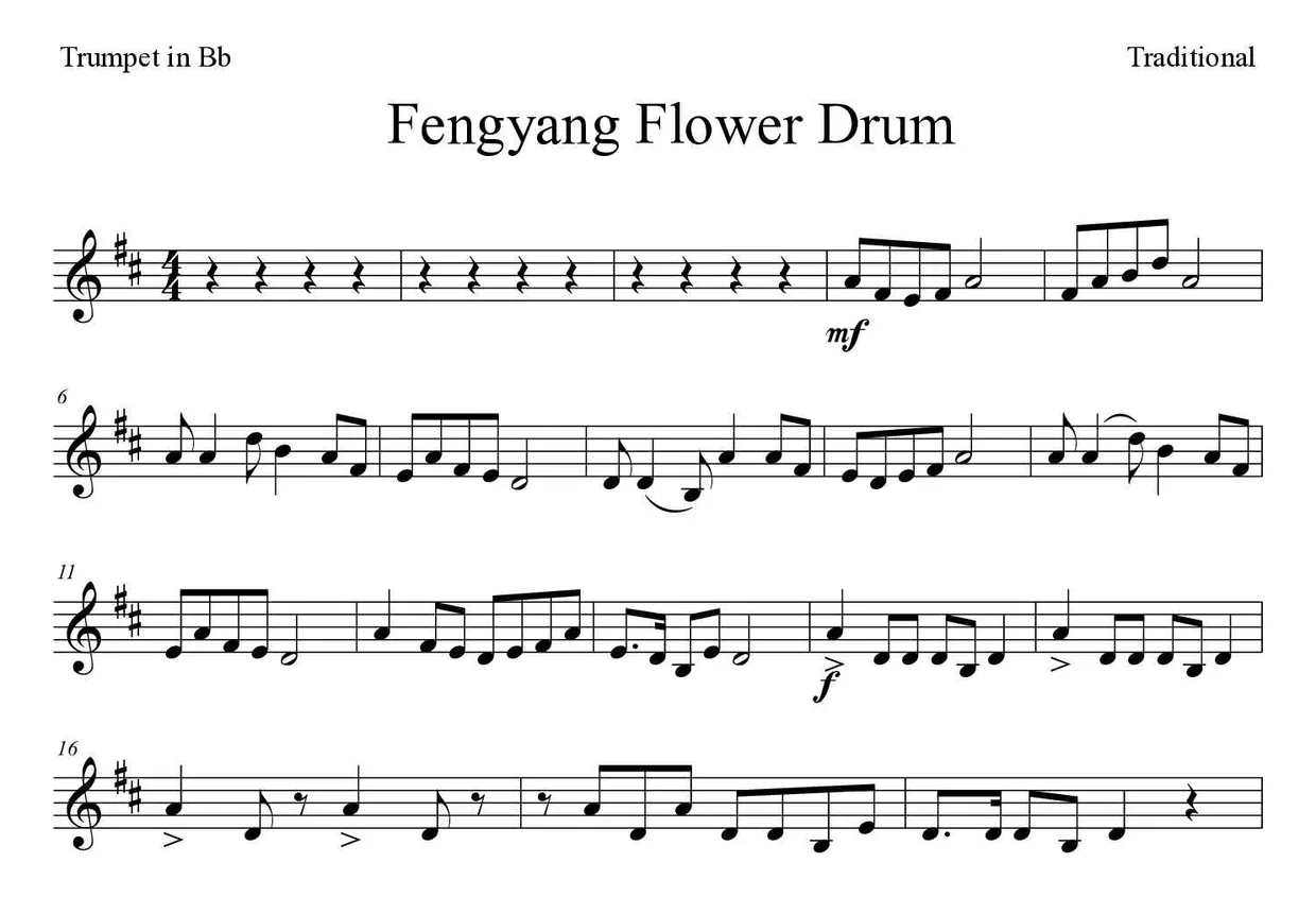 Partition de Fengyang Flower Drum pour trompette en si bémol, premières lignes