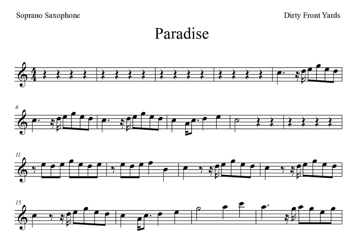 Partition de Paradise pour saxophone soprano, premières lignes