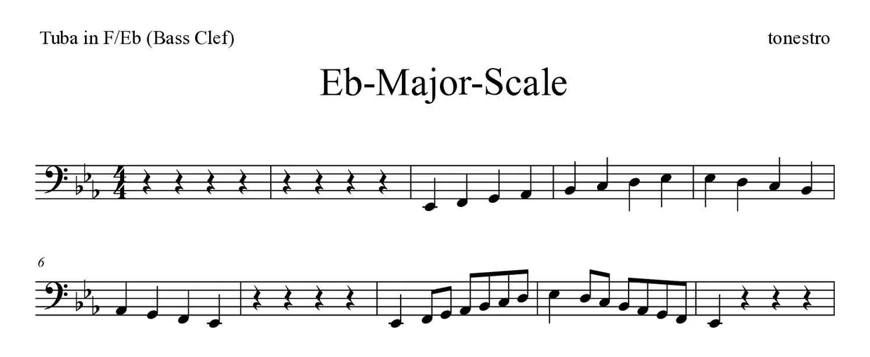 ‘Eb-Major-Scale’ Tuba in F/Eb (Bass Clef) 악보의 첫 몇 줄