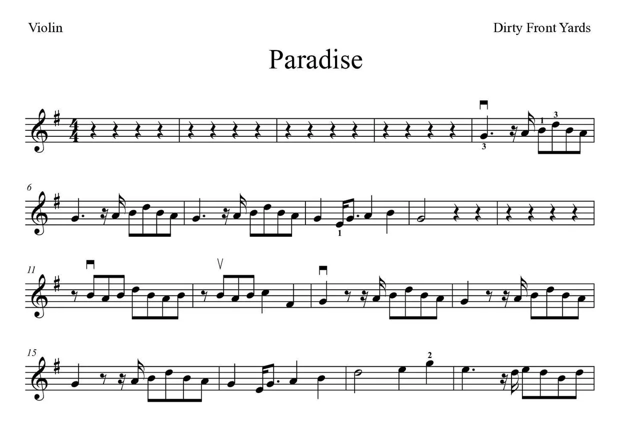 Partitura de Paradise para violín, primeras líneas