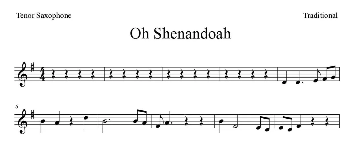 ‘Oh Shenandoah’ Tenor Saxophone 악보의 첫 몇 줄