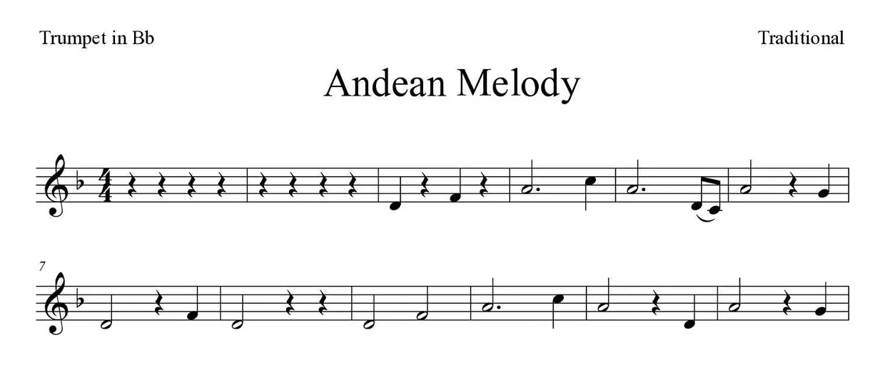Partitura de Andean Melody para trompete em Sib, primeiras linhas