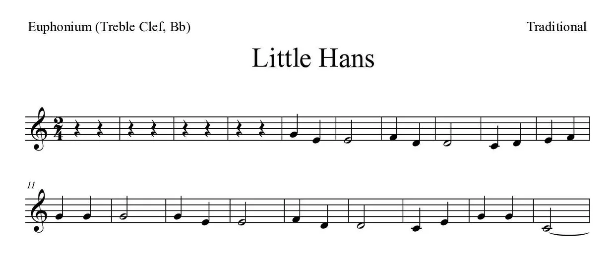 《Little Hans》上低音号（高音谱号，降B调）乐谱前几行