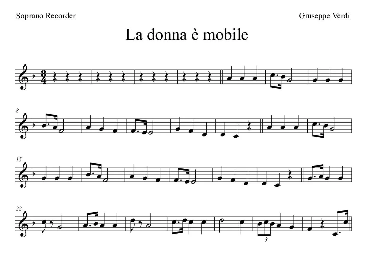 Partitura de La donna è mobile para flauta dulce, primeras líneas