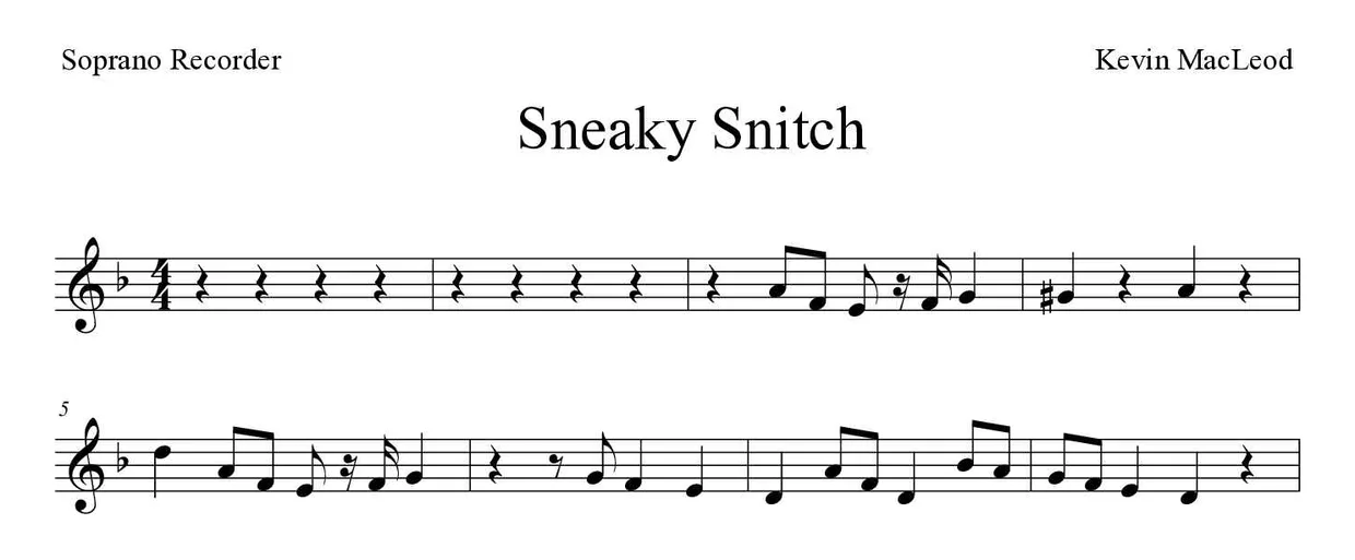 Sheet music of Sneaky Snitch for recorder (Medium), first lines