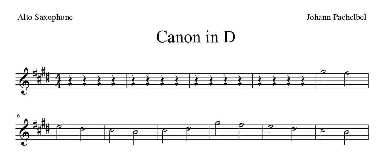 Noten von Canon in D für Altsaxophon (Schwer), erste Zeilen
