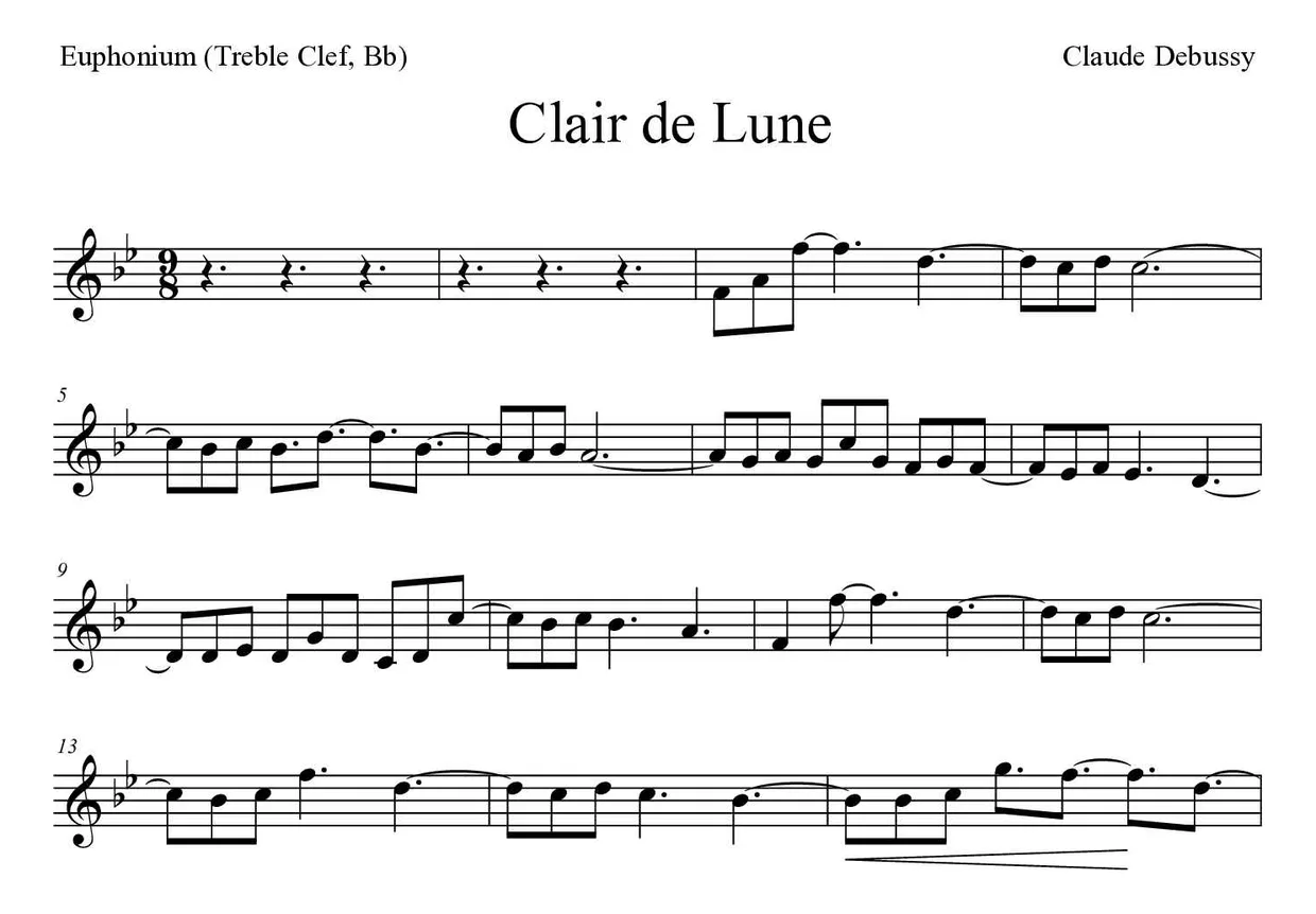 Noten von Clair de Lune für Euphonium (Violinschlüssel, B) (Experte), erste Zeilen