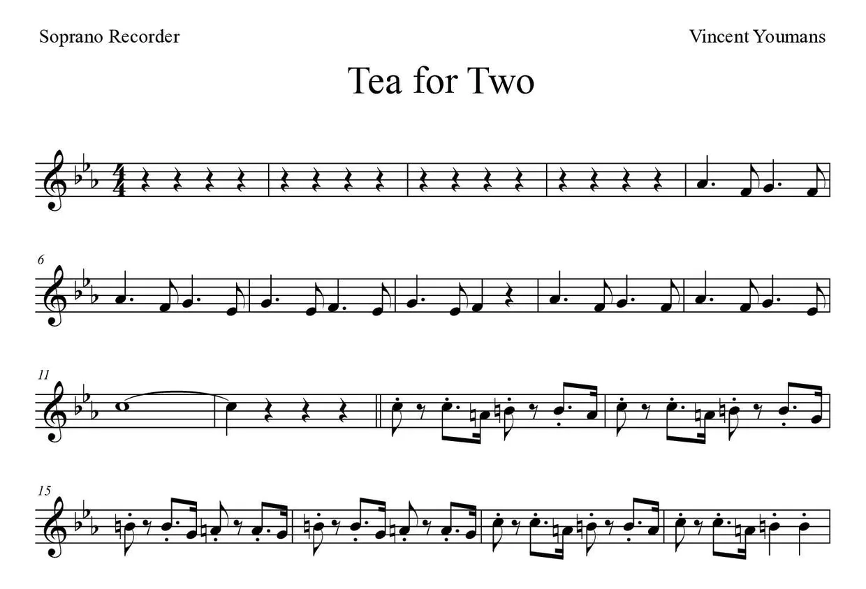Partitura de Tea for Two para flauta dulce, primeras líneas
