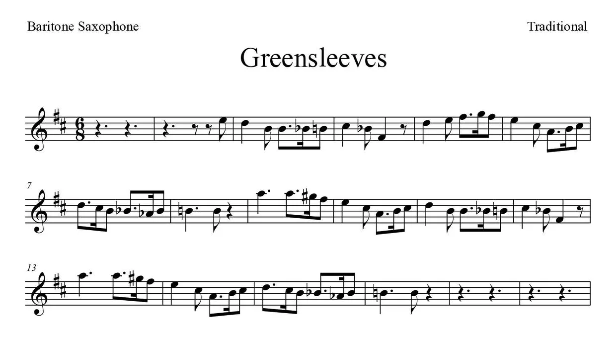 Partitura de Greensleeves para saxofón barítono, primeras líneas