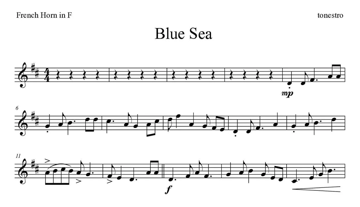 Sheet music of Blue Sea for French horn (Expert), first lines