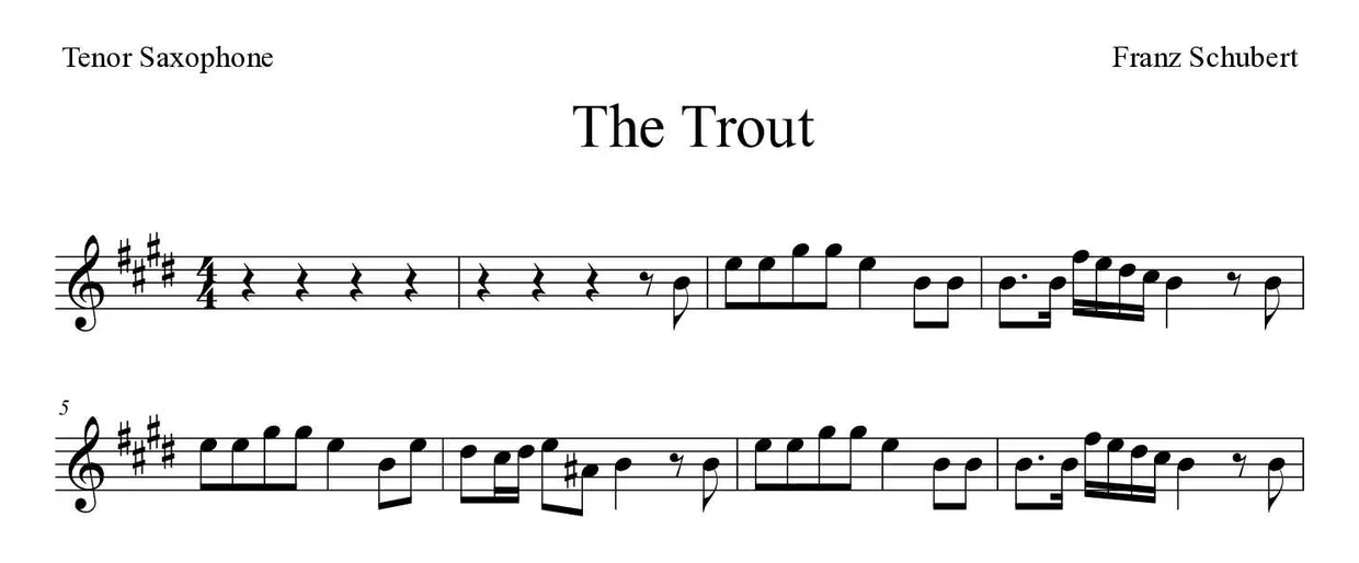 Bladmuziek van The Trout voor tenor saxophone, eerste regels