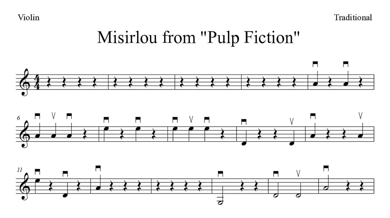 ‘Misirlou from "Pulp Fiction"’ Violin 악보의 첫 몇 줄