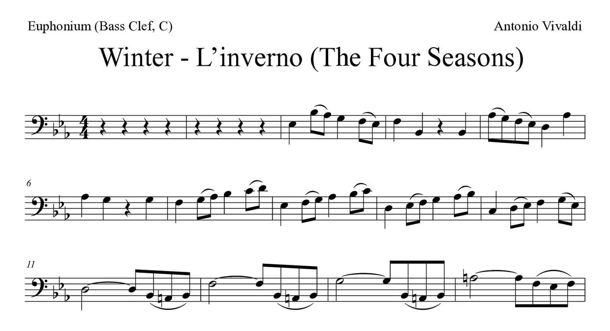 Partitura de Winter - L’inverno (The Four Seasons) para bombardino (clave de Fa, C), primeras líneas