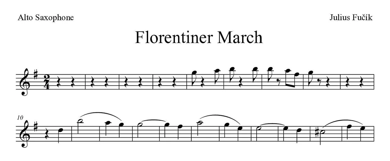 Partitura de Florentiner March para alto saxofone, primeiras linhas
