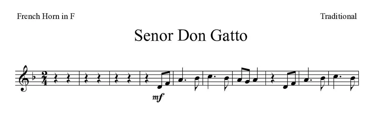 「Senor Don Gatto」French Horn用楽譜の最初の数段
