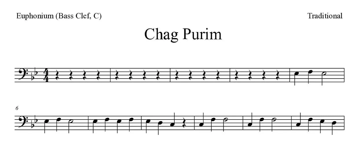 Sheet music of Chag Purim for euphonium (bass clef, C) (Easy), first lines