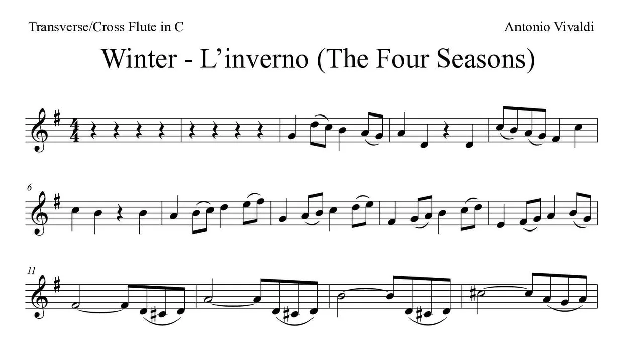 Bladmuziek van Winter - L’inverno (The Four Seasons) voor flute, eerste regels