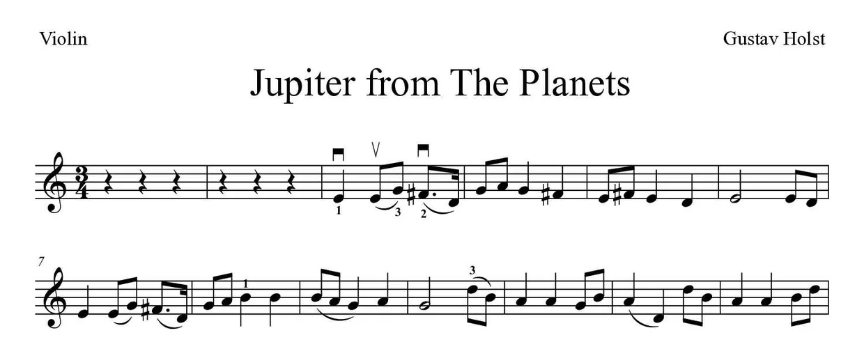 Sheet music of Jupiter from The Planets for violin (Medium), first lines
