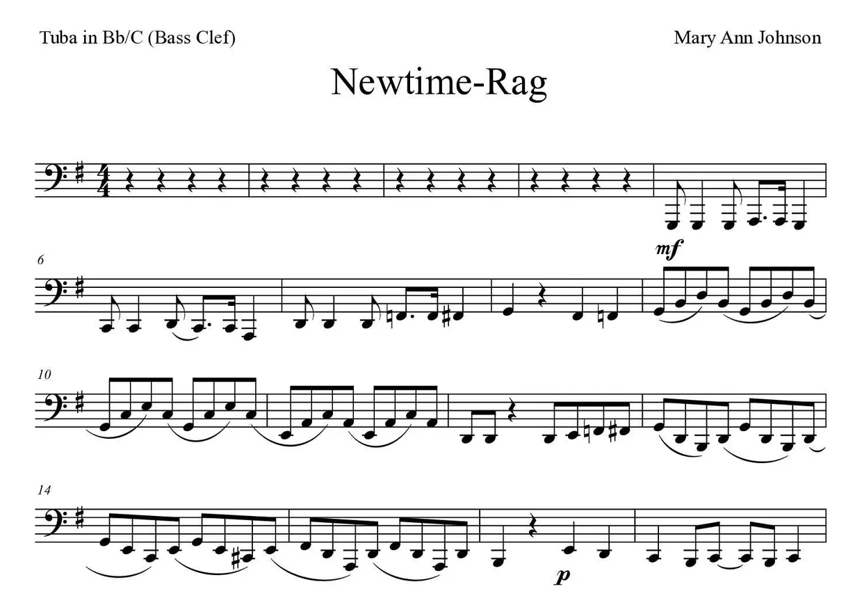 Partition de Newtime-Rag pour tuba en si bémol/do (clé de fa), premières lignes