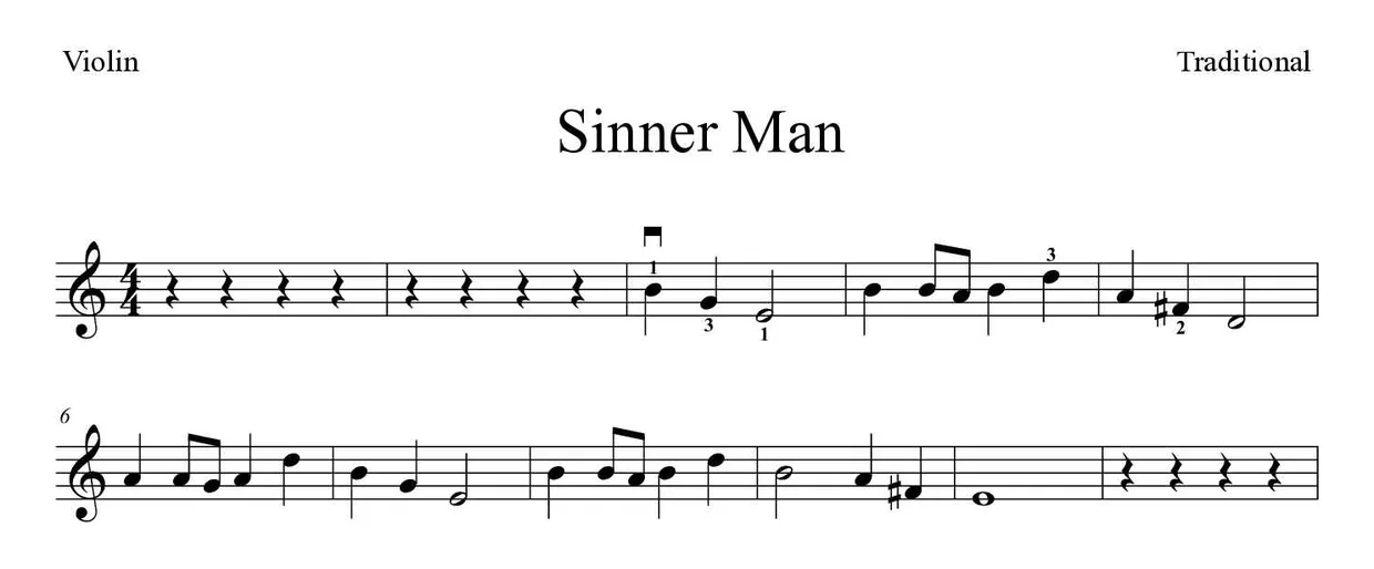 Partitura de Sinner Man para violín, primeras líneas