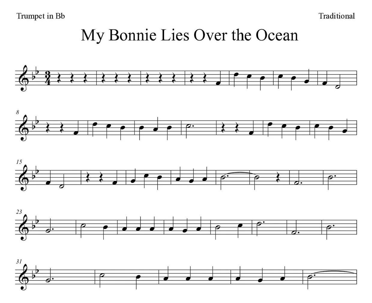Sheet music of My Bonnie Lies Over the Ocean for trumpet in Bb (Medium), first lines