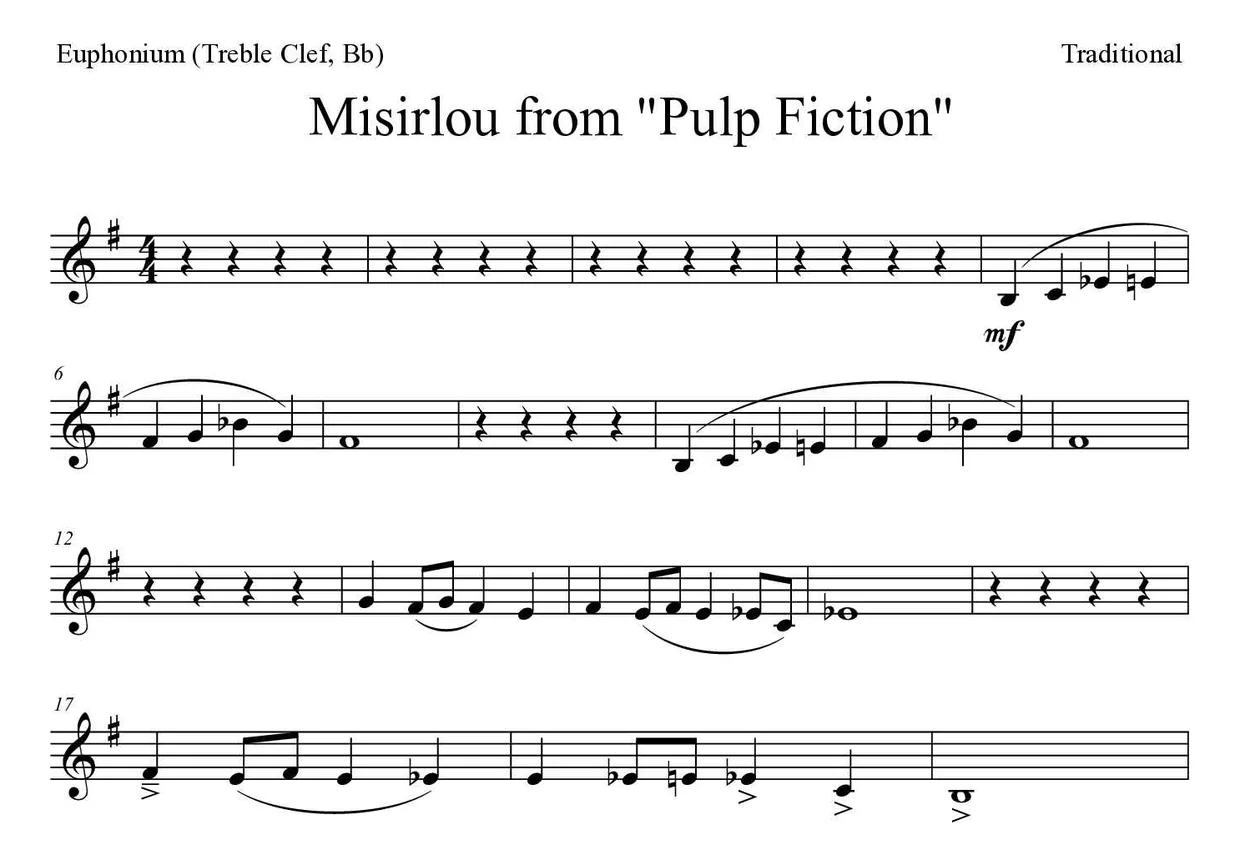 Partitura de Misirlou from "Pulp Fiction" para eufónio (clave de Sol, Sib), primeiras linhas