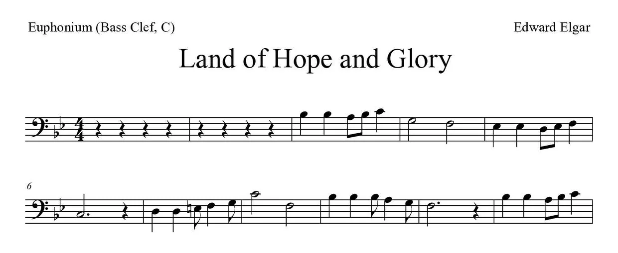 ‘Land of Hope and Glory’ Euphonium (Bass Clef, C) 악보의 첫 몇 줄