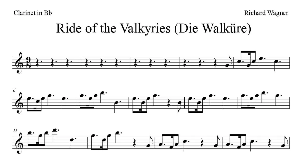 「Ride of the Valkyries (Die Walküre)」Clarinet用楽譜の最初の数段