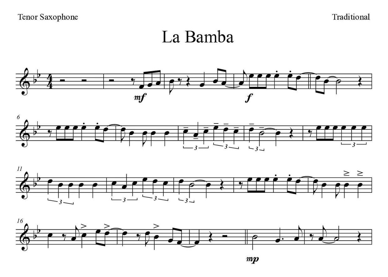 ‘La Bamba’ Tenor Saxophone 악보의 첫 몇 줄