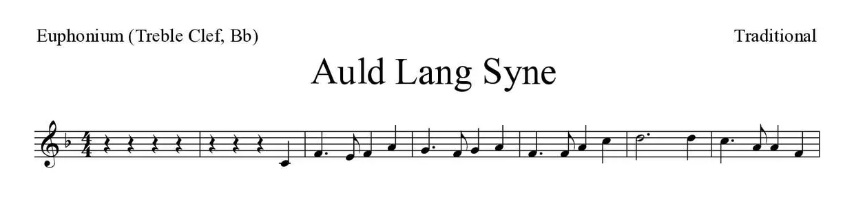 Partitura de Auld Lang Syne para eufónio (clave de Sol, Sib), primeiras linhas