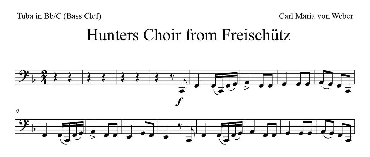 Noten von Jägerchor aus Freischütz für Tuba in B/C (Bassschlüssel) (Experte), erste Zeilen