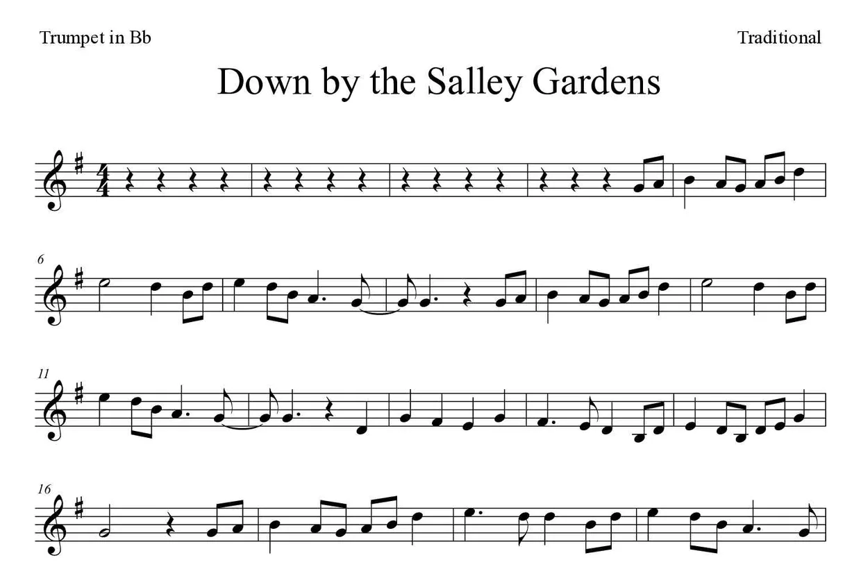 Partitura de Down by the Salley Gardens para trompeta en Sib, primeras líneas