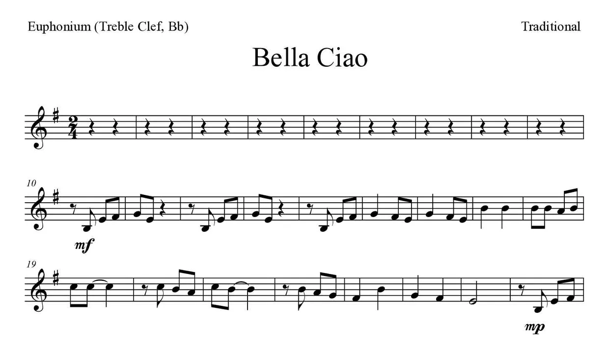 Bladmuziek van Bella Ciao voor euphonium (treble clef, Bb), eerste regels
