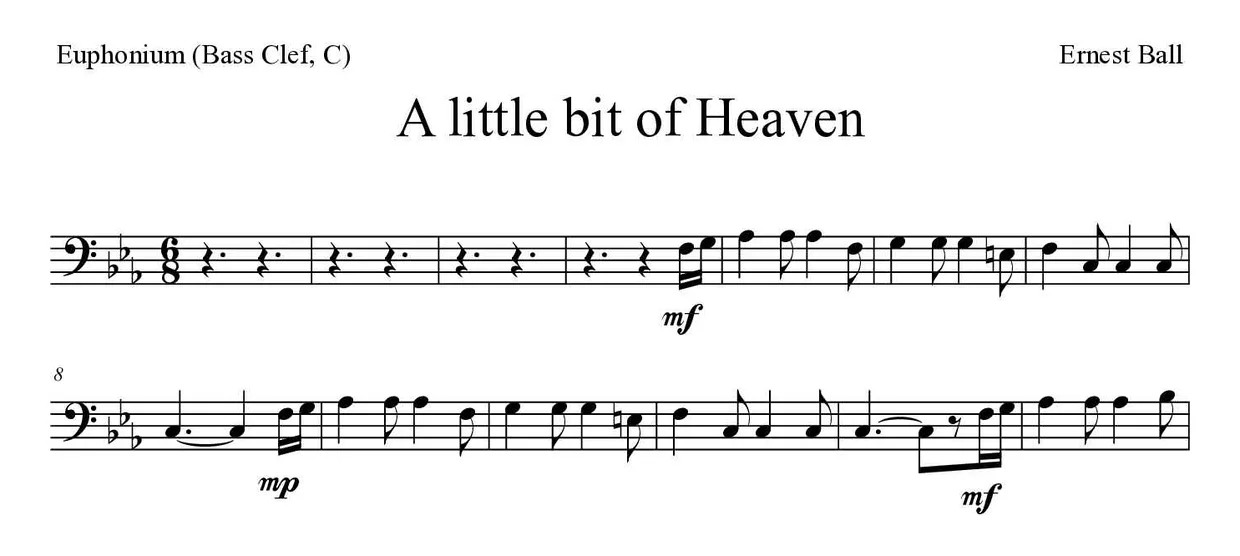 Bladmuziek van A little bit of Heaven voor euphonium (bass clef, C), eerste regels