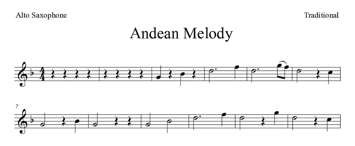 Partitura de Andean Melody para saxofón alto, primeras líneas