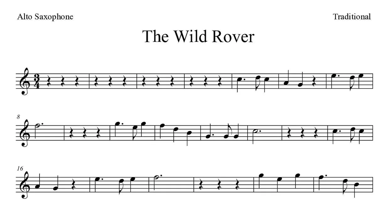 ‘The Wild Rover’ Alto Saxophone 악보의 첫 몇 줄