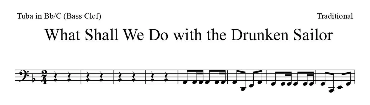 「What Shall We Do with the Drunken Sailor」Tuba in Bb/C (Bass Clef)用楽譜の最初の数段