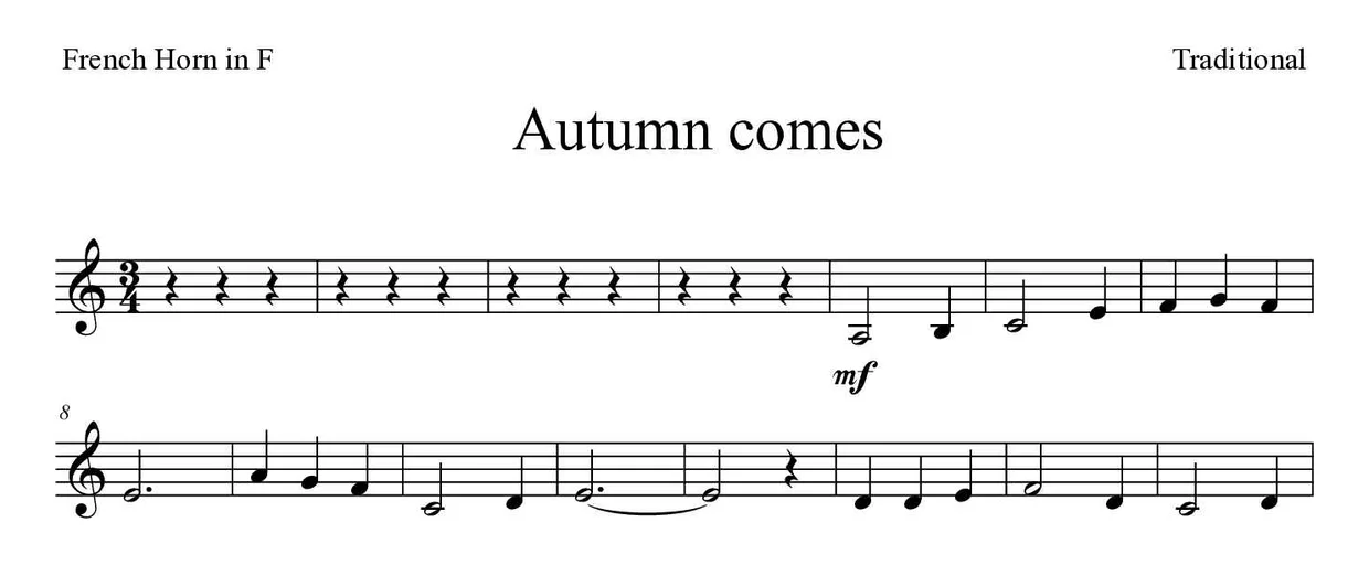 「Autumn comes」French Horn用楽譜の最初の数段