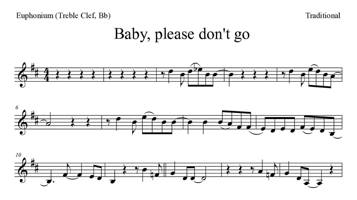 Partitura de Baby, please don't go para bombardino (clave de Sol, Sib), primeras líneas