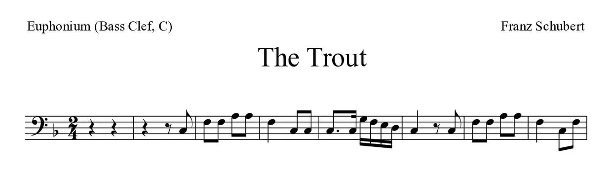 「The Trout」Euphonium (Bass Clef, C)用楽譜の最初の数段