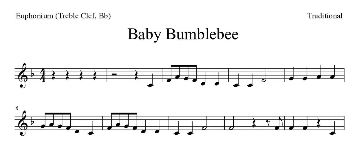 ‘Baby Bumblebee’ Euphonium (Treble Clef, Bb) 악보의 첫 몇 줄