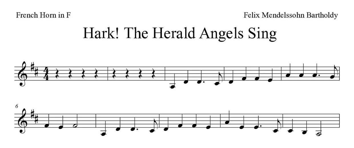 Partitura de Hark! The Herald Angels Sing para trompa, primeiras linhas