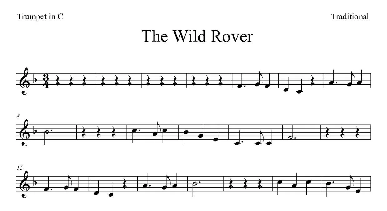 「The Wild Rover」Trumpet in C用楽譜の最初の数段