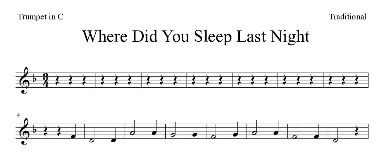 Partitura de Where Did You Sleep Last Night para trompeta en Do, primeras líneas