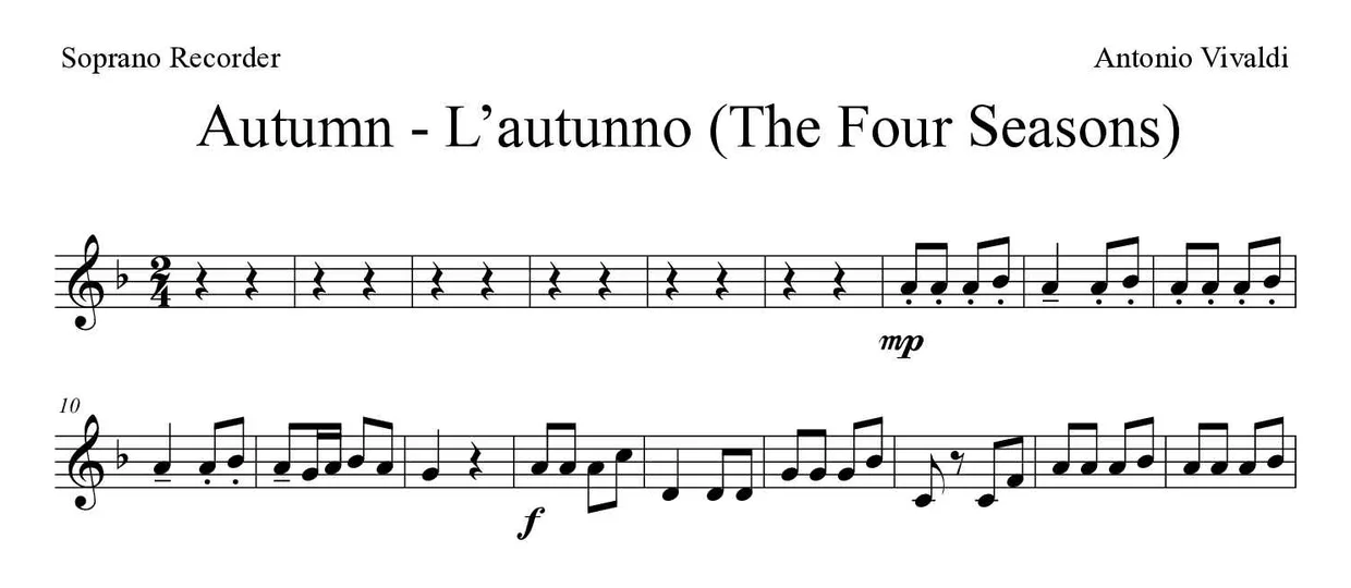Partition de Autumn - L’autunno (The Four Seasons) pour flûte à bec, premières lignes