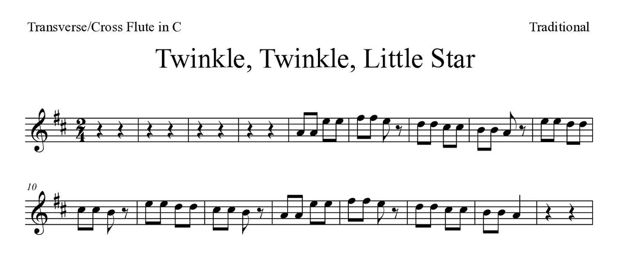Partitura de Twinkle, Twinkle, Little Star para flauta transversal, primeiras linhas