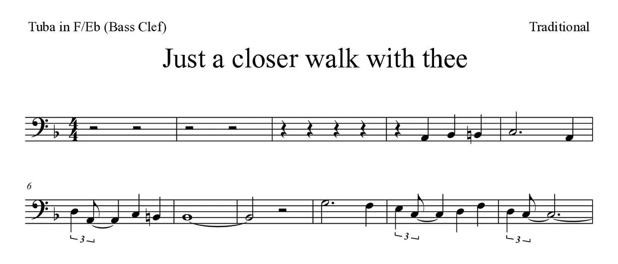 ‘Just a closer walk with thee’ Tuba in F/Eb (Bass Clef) 악보의 첫 몇 줄